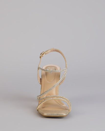 Elevate any outfit with heels for day or night like the Dance Floor Dazzle Rhinestone Block Heels in gold, designed with a modern silhouette, secure fit, and versatile style.